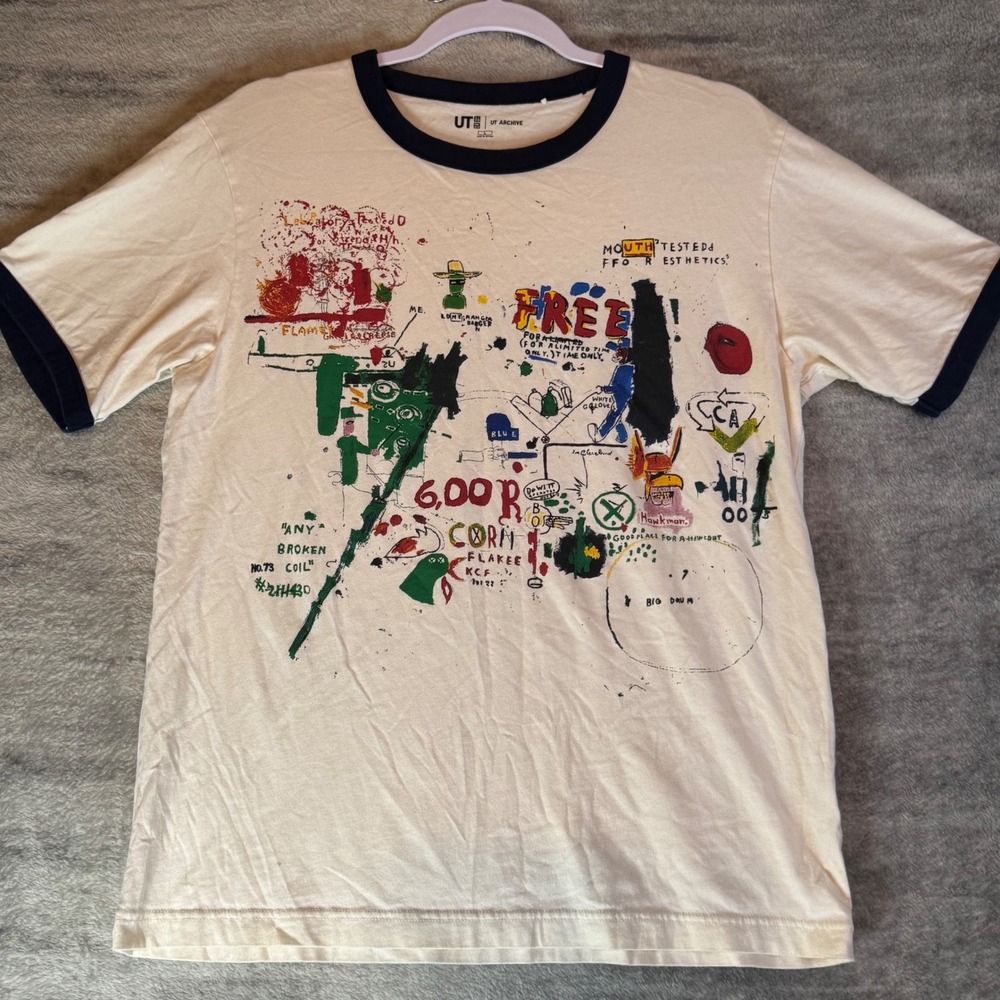 Uniqlo UT Archive Jean-Michel Basquiat Ringer T-Shirt Cream Navy Mens L 459311